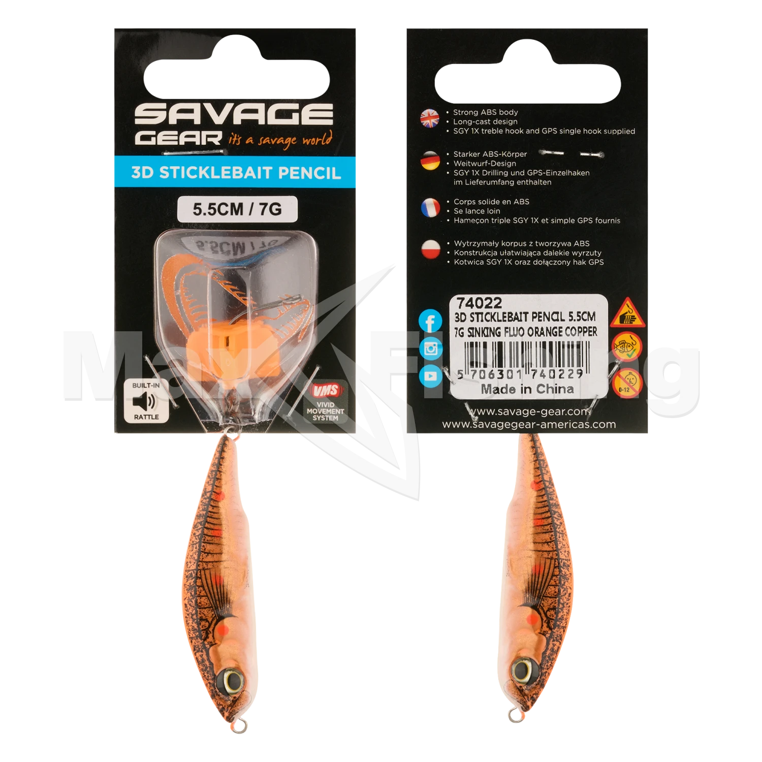 Воблер Savage Gear 3D Sticklebait Pencil 55 S #Fluo Orange Copper